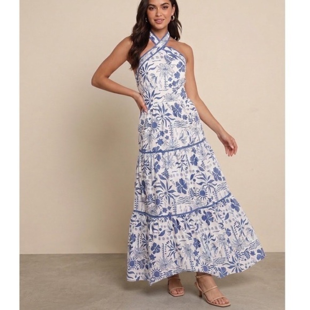 Petal & Pup Fernanda Halterneck Blue White Tropical Floral Tiered Maxi Dress M
